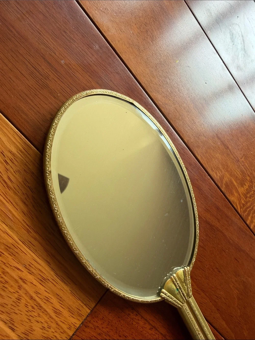 Vanity Hand Mirror Art Deco Gold Tone Floral Etched Hollywood Regency Vintage